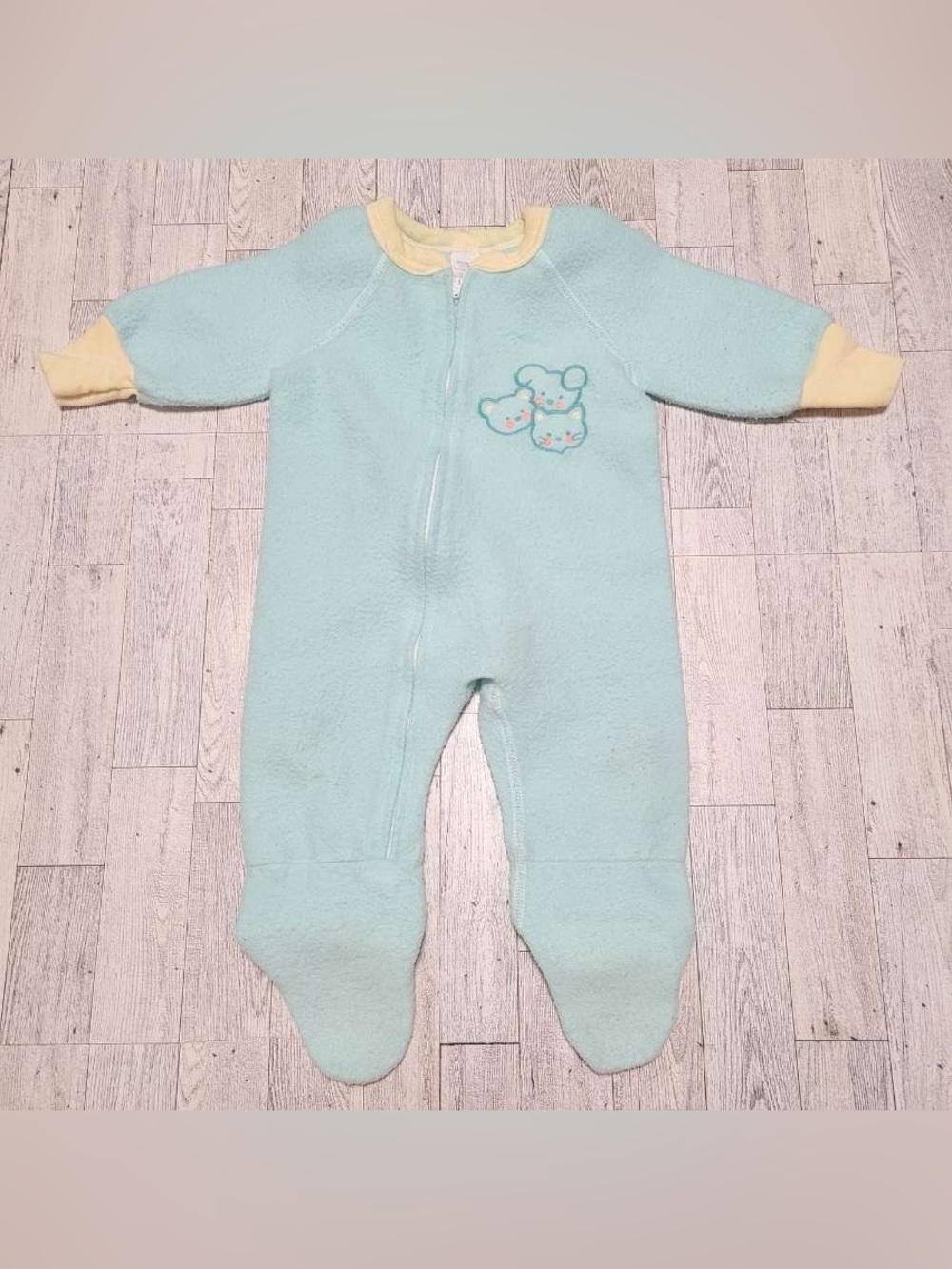 Vintage Gerber Baby Blue Yellow Fleece Footed Teddy Bear Onesie 7-12m Warm